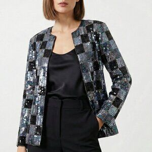 Iridescent Sequin Patchwork Jacket Vintage Collarless Party Blazer